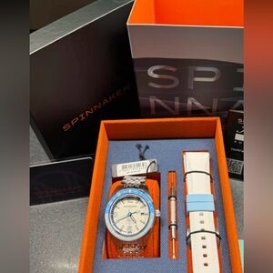 Spinnaker Fluess GMT Men's Silver and Blue Watch Moon White Interchangeable NIB